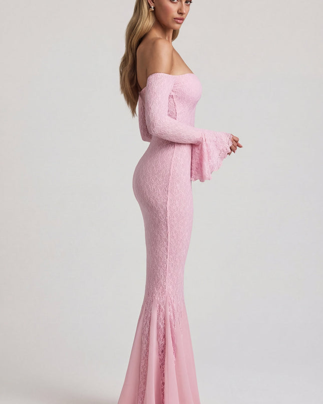 Soft Pink Off-Shoulder Ruffle Lace Maxi Dress
