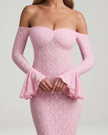Soft Pink Off-Shoulder Ruffle Lace Maxi Dress