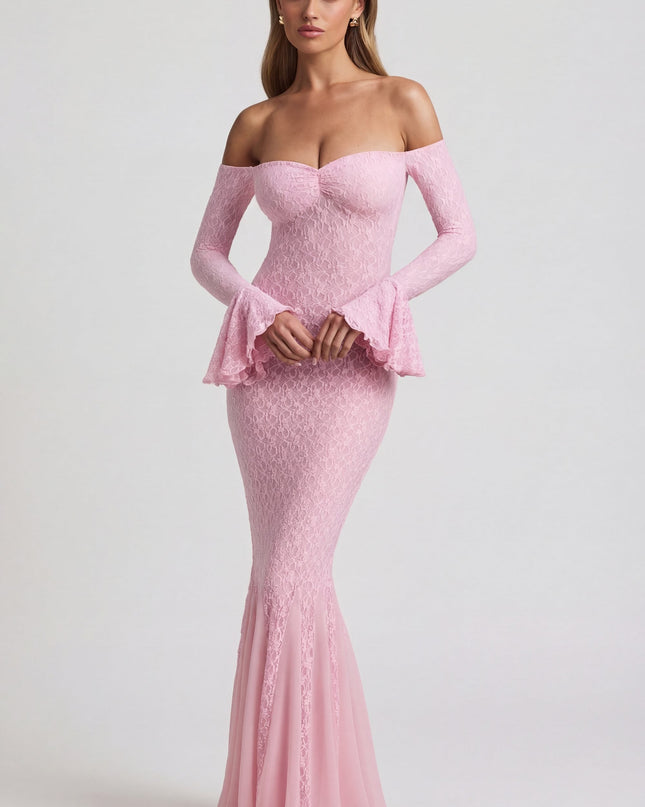 Soft Pink Off-Shoulder Ruffle Lace Maxi Dress