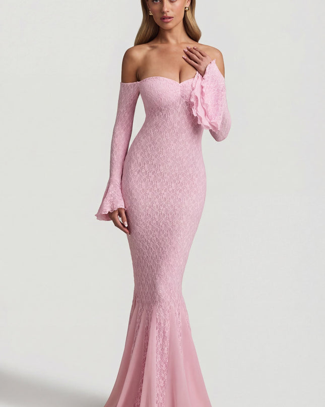 Soft Pink Off-Shoulder Ruffle Lace Maxi Dress