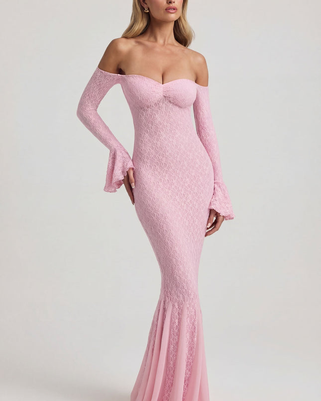 Soft Pink Off-Shoulder Ruffle Lace Maxi Dress