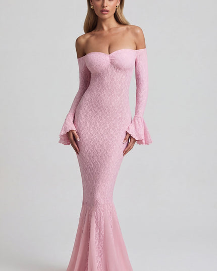 Soft Pink Off-Shoulder Ruffle Lace Maxi Dress