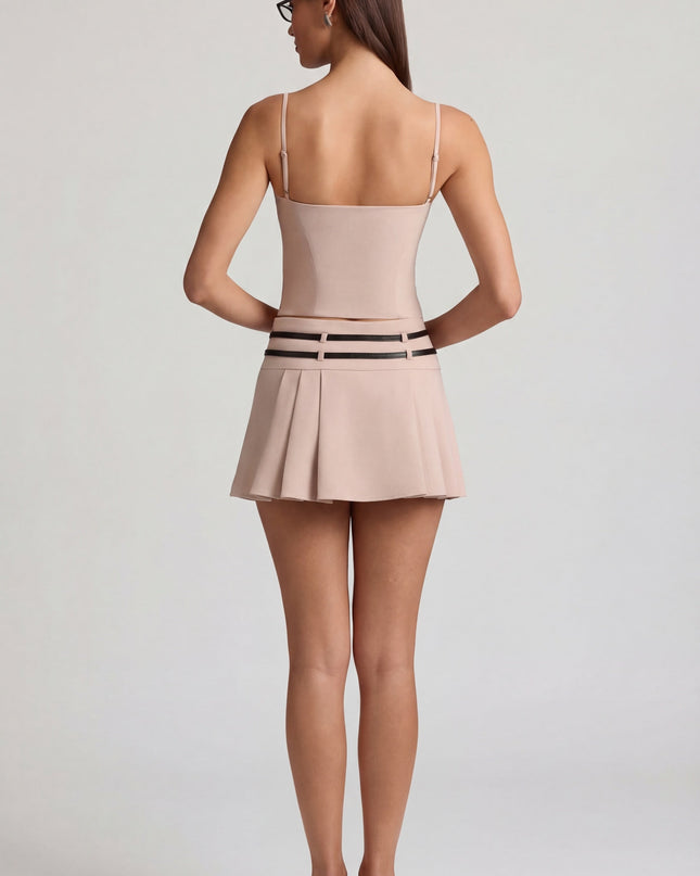 Mushroom Belted Low-Rise Pleated Mini Skirt