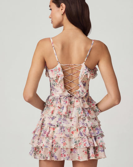 Primrose Floral Print Ruffled Lace-Up A-Line Mini Dress
