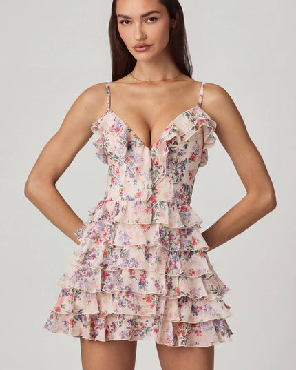 Primrose Floral Print Ruffled Lace-Up A-Line Mini Dress