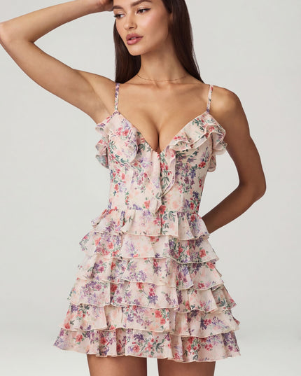 Primrose Floral Print Ruffled Lace-Up A-Line Mini Dress