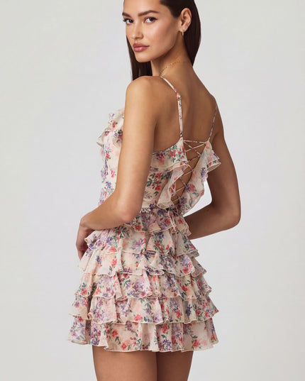 Primrose Floral Print Ruffled Lace-Up A-Line Mini Dress