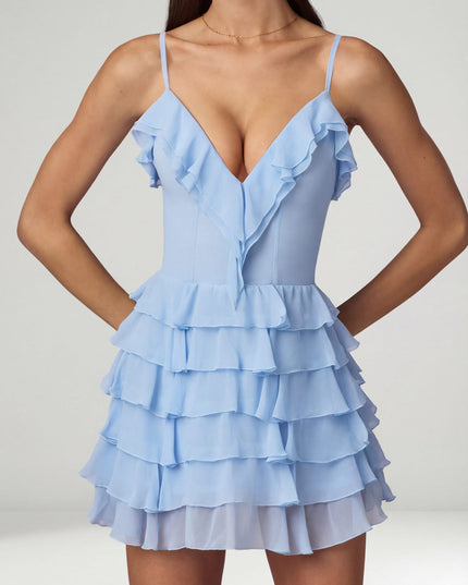 Powder Blue Ruffled Lace-Up A-Line Mini Dress
