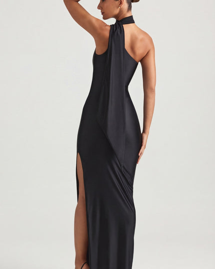 Black Asymmetric Scarf-Detail Maxi Dress