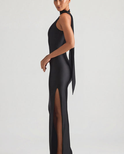 Black Asymmetric Scarf-Detail Maxi Dress