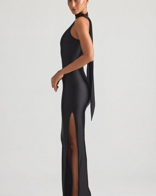 Black Asymmetric Scarf-Detail Maxi Dress