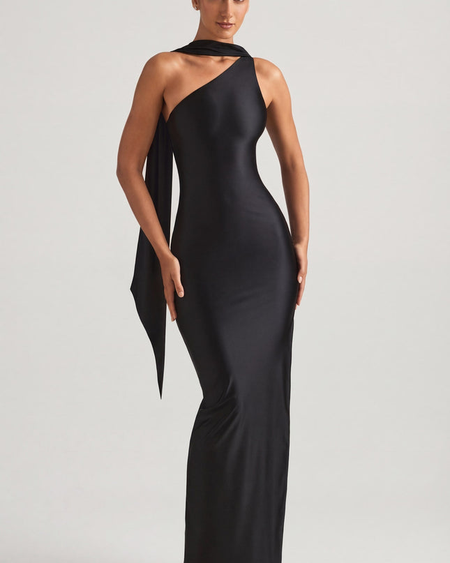 Black Asymmetric Scarf-Detail Maxi Dress