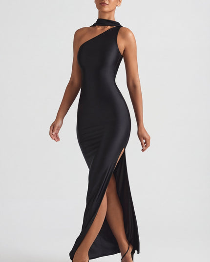 Black Asymmetric Scarf-Detail Maxi Dress