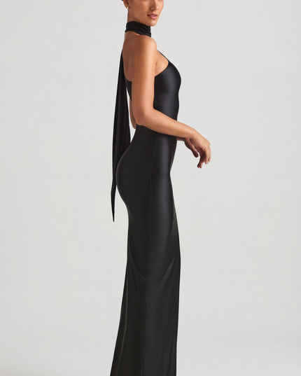 Black Asymmetric Scarf-Detail Maxi Dress