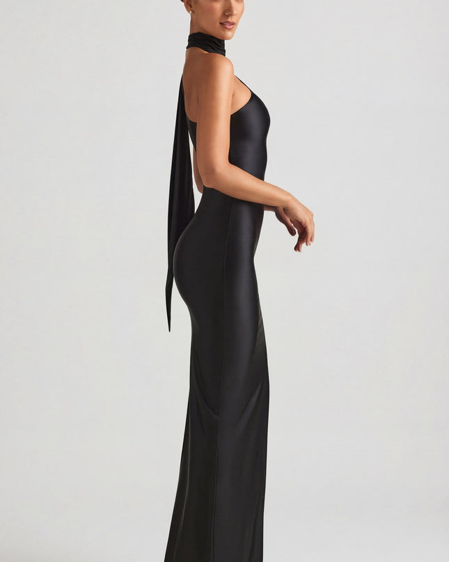 Black Asymmetric Scarf-Detail Maxi Dress