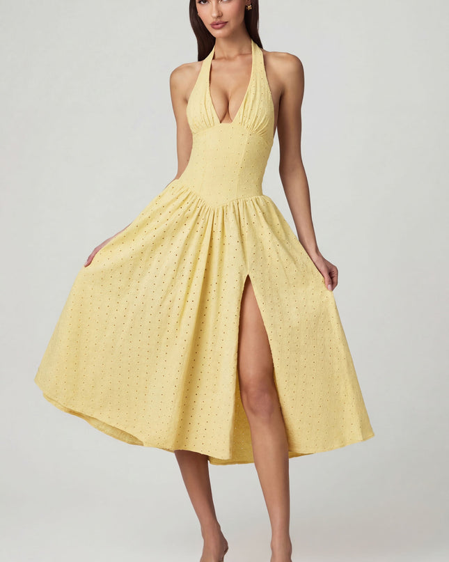 Lemon Yellow Modal Broderie Anglaise Halterneck Midaxi Dress