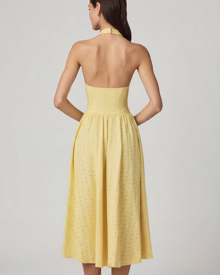 Lemon Yellow Modal Broderie Anglaise Halterneck Midaxi Dress