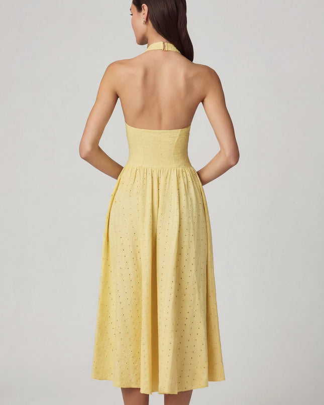 Lemon Yellow Modal Broderie Anglaise Halterneck Midaxi Dress
