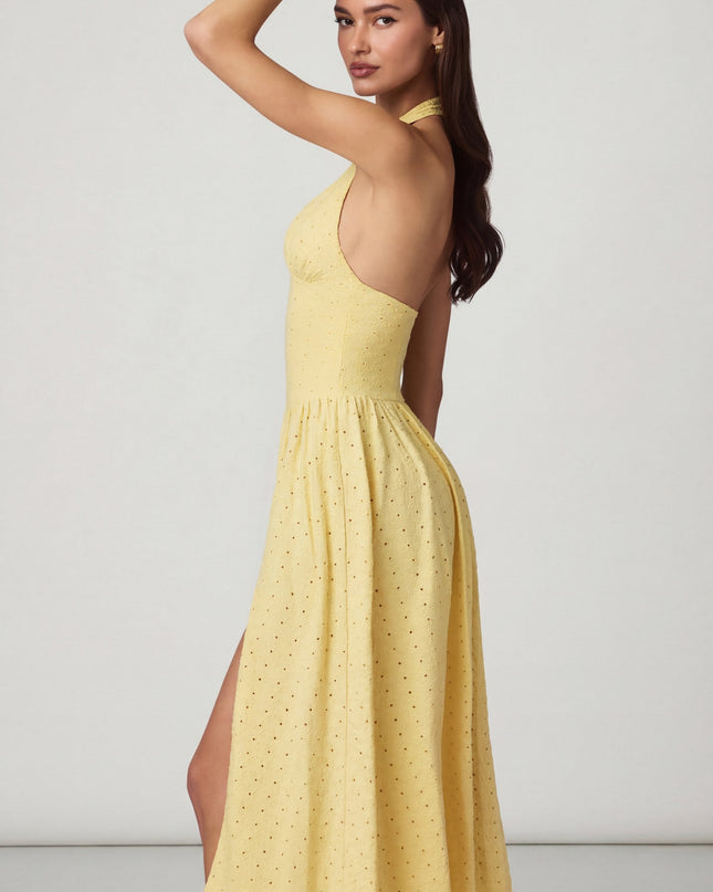Lemon Yellow Modal Broderie Anglaise Halterneck Midaxi Dress