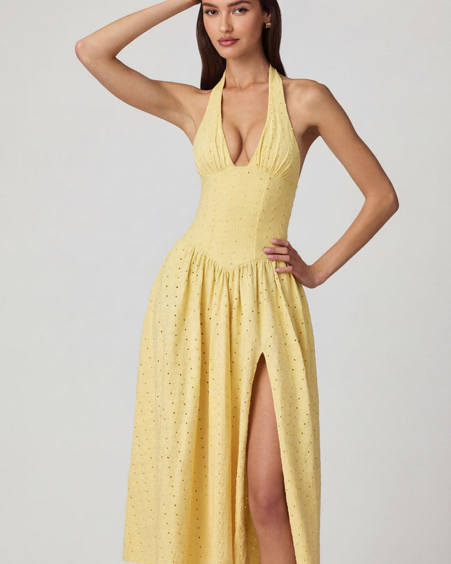 Lemon Yellow Modal Broderie Anglaise Halterneck Midaxi Dress