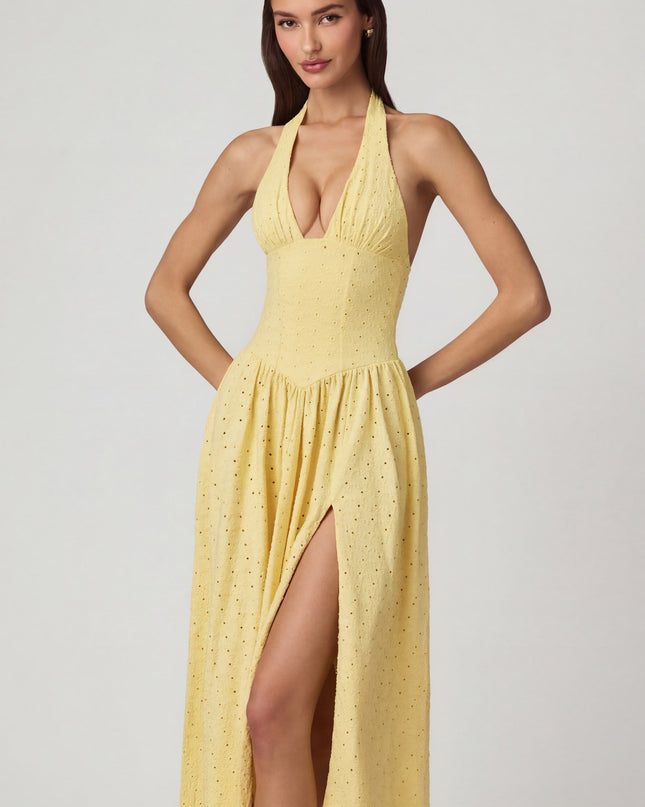 Lemon Yellow Modal Broderie Anglaise Halterneck Midaxi Dress