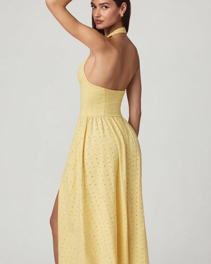 Lemon Yellow Modal Broderie Anglaise Halterneck Midaxi Dress