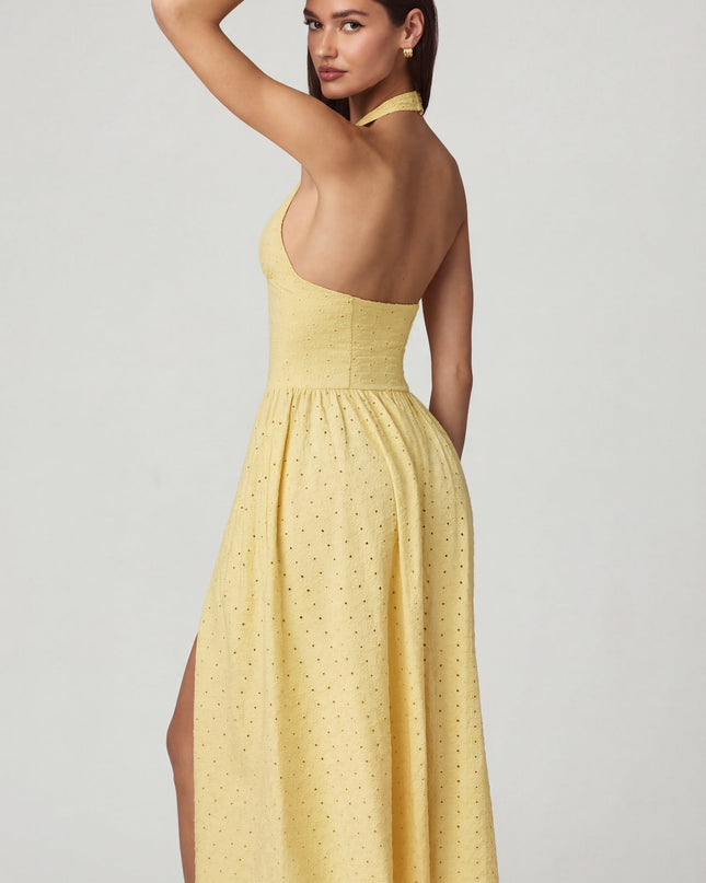 Lemon Yellow Modal Broderie Anglaise Halterneck Midaxi Dress