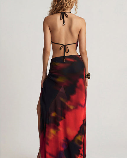 Red Blurred Print Mid-Rise Split Maxi Skirt
