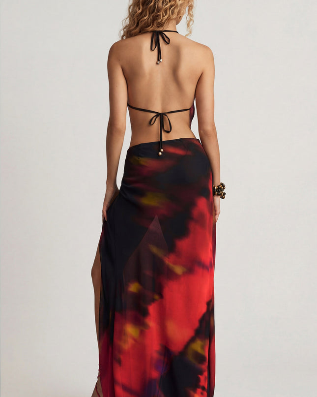 Red Blurred Print Mid-Rise Split Maxi Skirt