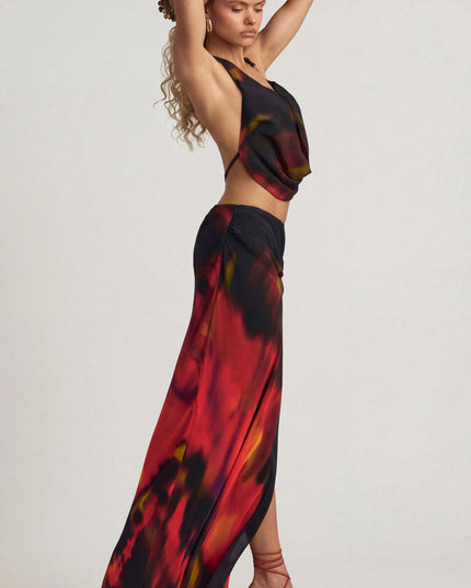 Red Blurred Print Mid-Rise Split Maxi Skirt