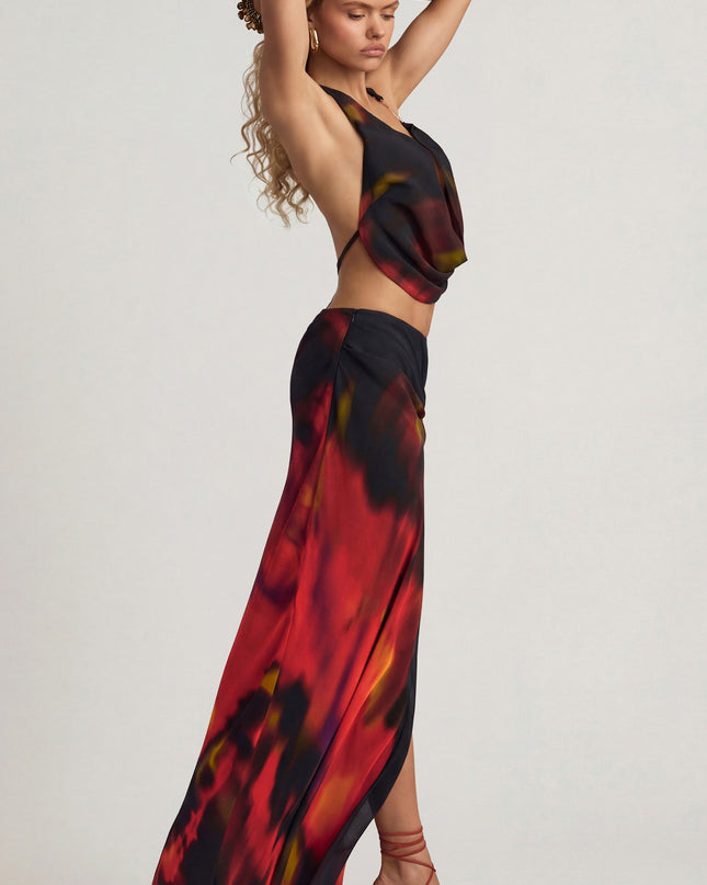 Red Blurred Print Mid-Rise Split Maxi Skirt