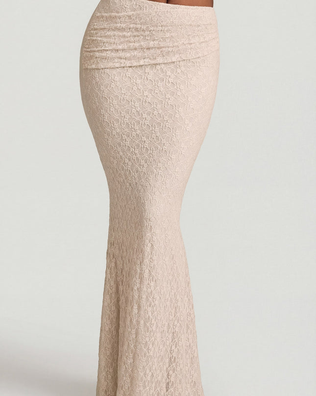 Ivory Draped Low-Rise Lace Maxi Skirt