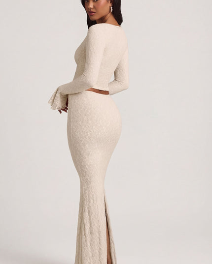 Ivory Draped Low-Rise Lace Maxi Skirt