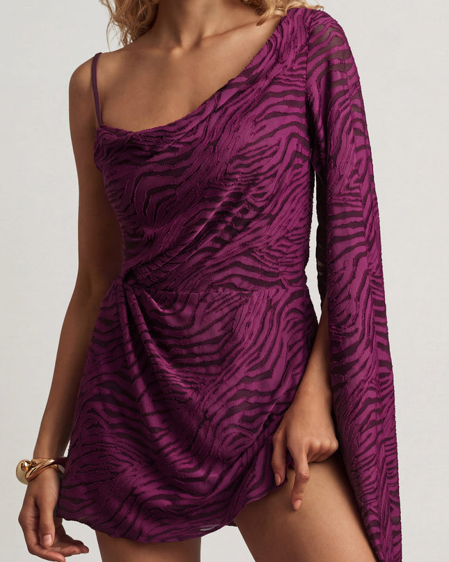 Berry Purple Devoré One-Sleeve A-Line Mini Dress