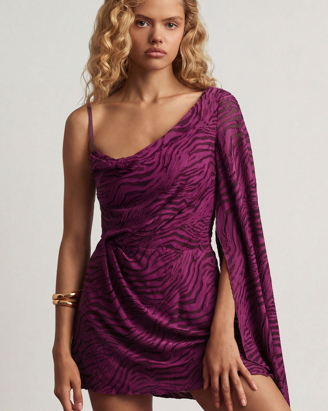 Berry Purple Devoré One-Sleeve A-Line Mini Dress