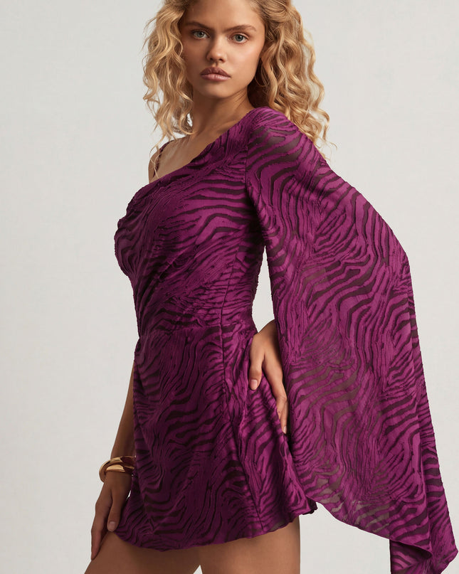 Berry Purple Devoré One-Sleeve A-Line Mini Dress