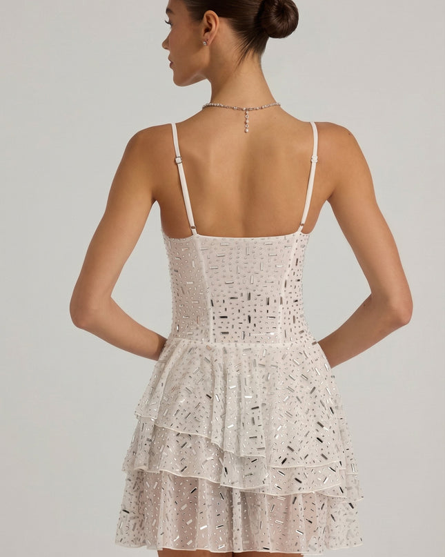 White Embellished Ruffled Tiered Mini Dress