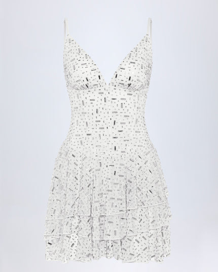 White Embellished Ruffled Tiered Mini Dress