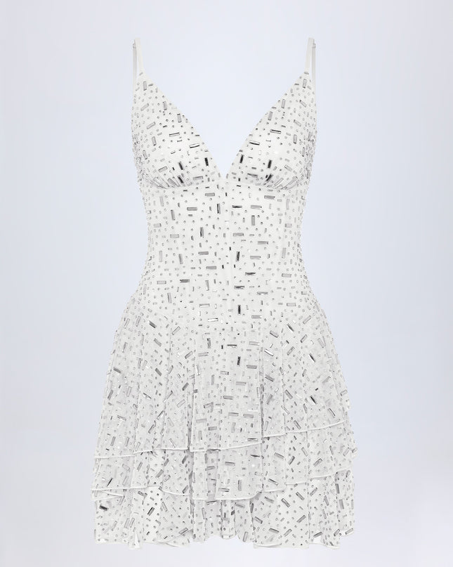 White Embellished Ruffled Tiered Mini Dress