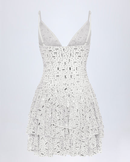 White Embellished Ruffled Tiered Mini Dress