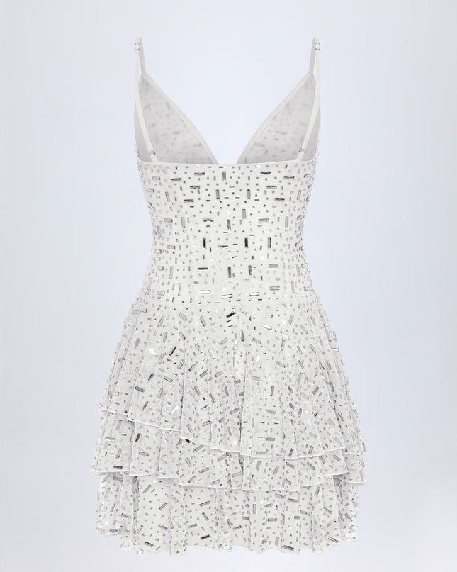 White Embellished Ruffled Tiered Mini Dress
