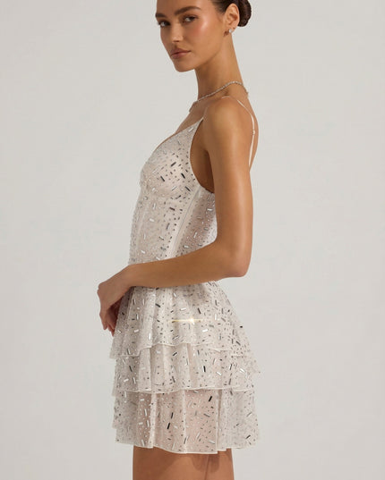 White Embellished Ruffled Tiered Mini Dress