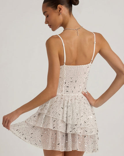 White Embellished Ruffled Tiered Mini Dress