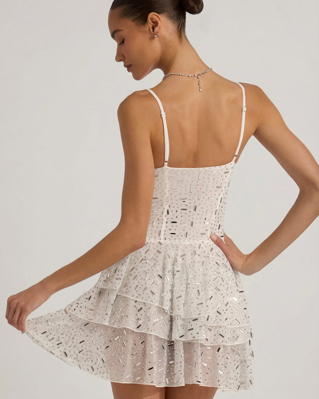 White Embellished Ruffled Tiered Mini Dress