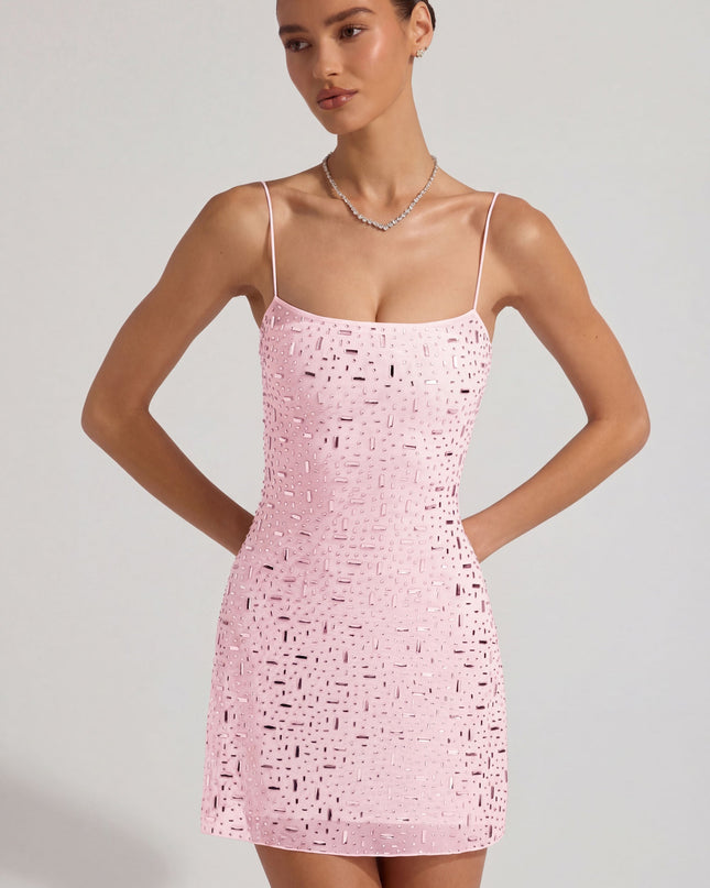 Pink Sheer Embellished Square-Neck Mini Dress