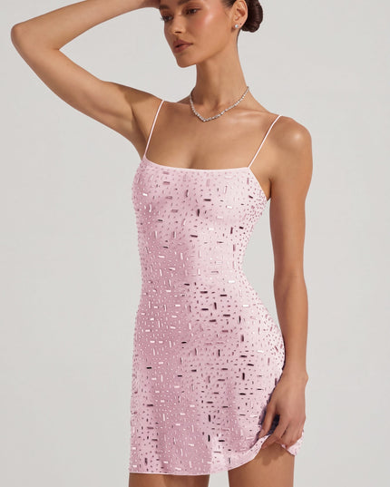 Pink Sheer Embellished Square-Neck Mini Dress