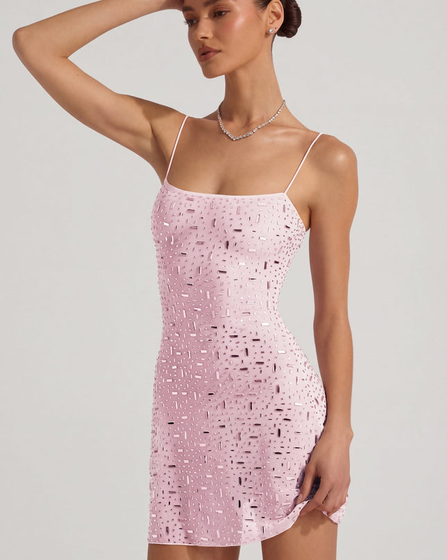 Pink Sheer Embellished Square-Neck Mini Dress