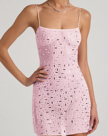 Pink Sheer Embellished Square-Neck Mini Dress