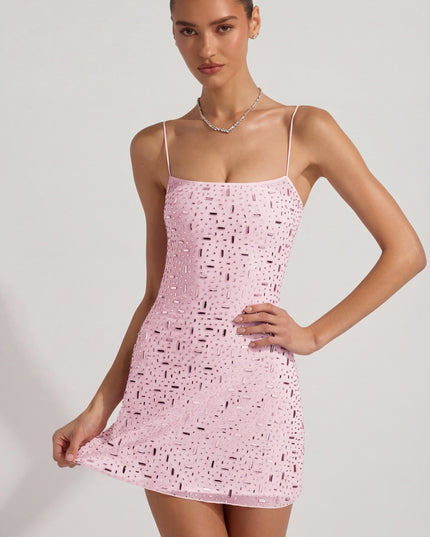 Pink Sheer Embellished Square-Neck Mini Dress