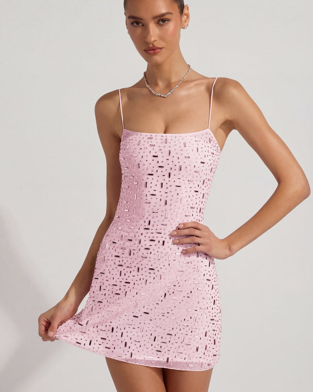 Pink Sheer Embellished Square-Neck Mini Dress